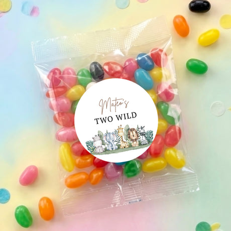 Personalised jelly bean bag with multicolored jelly beans and round Two Wild label