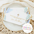 Custom baptism chocolate bar wrapper with blue watercolor edges and gold cross, thank you text