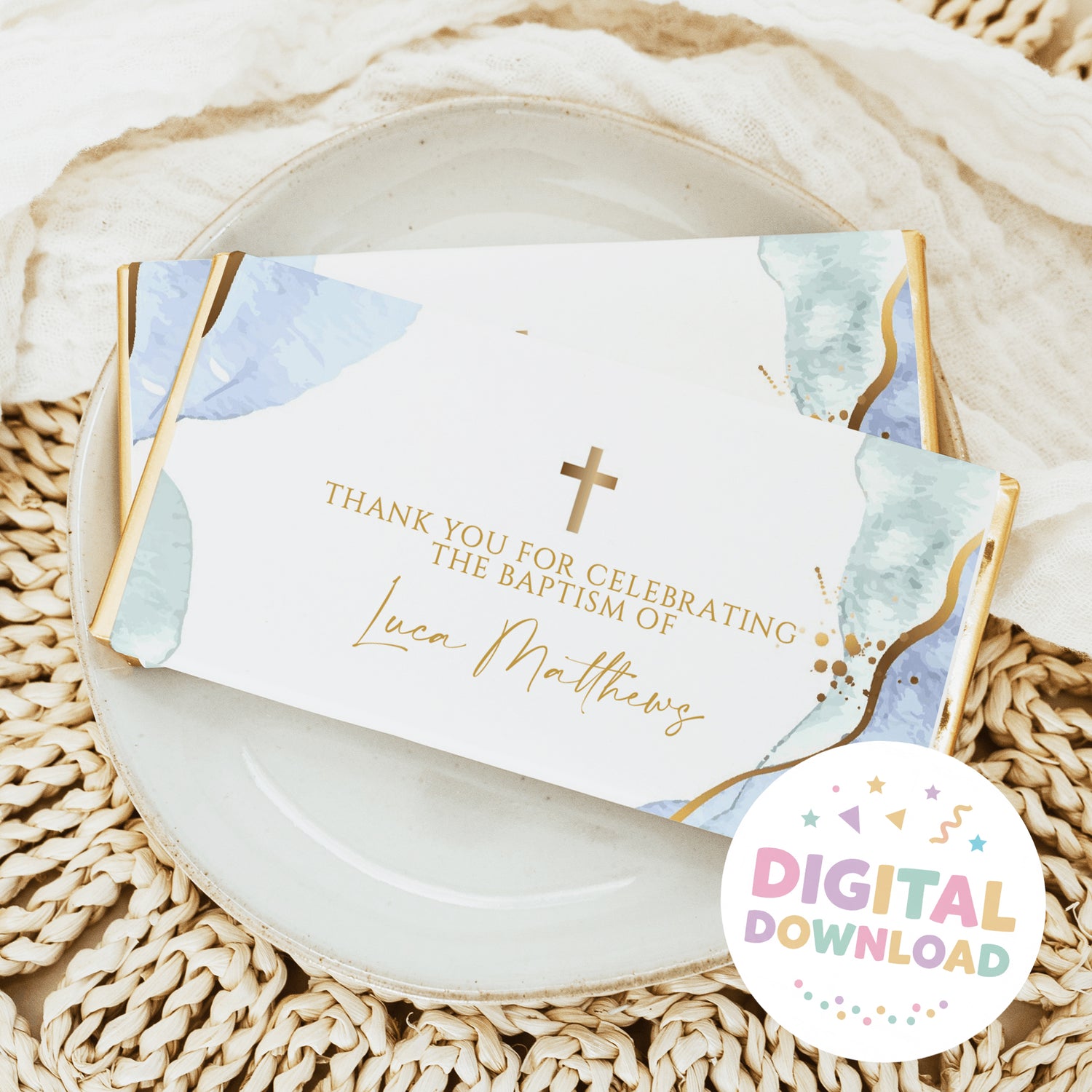 Custom baptism chocolate bar wrapper with blue watercolor edges and gold cross, thank you text