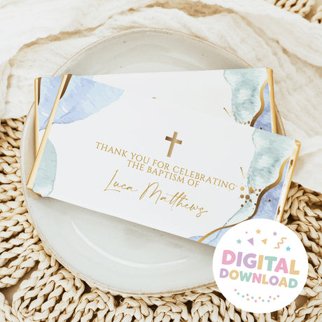 Custom baptism chocolate bar wrapper with blue watercolor edges and gold cross, thank you text
