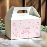 Personalised gable favour box, pink with hearts and text 'Luna's FIRST BIRTHDAY'