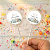 Personalised lollipop set, “A WILD ONE” labels with animal jungle graphics, clear wrapper