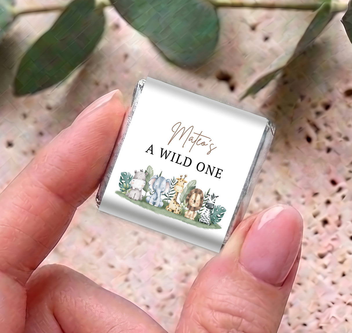 Personalised mini chocolate bar wrapper reading 'A WILD ONE' with jungle animals