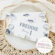 Sea-themed birthday chocolate bar wrapper with whales and 'Freddie' 'Turning 1'