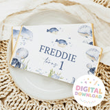 Sea-themed birthday chocolate bar wrapper with whales and 'Freddie' 'Turning 1'