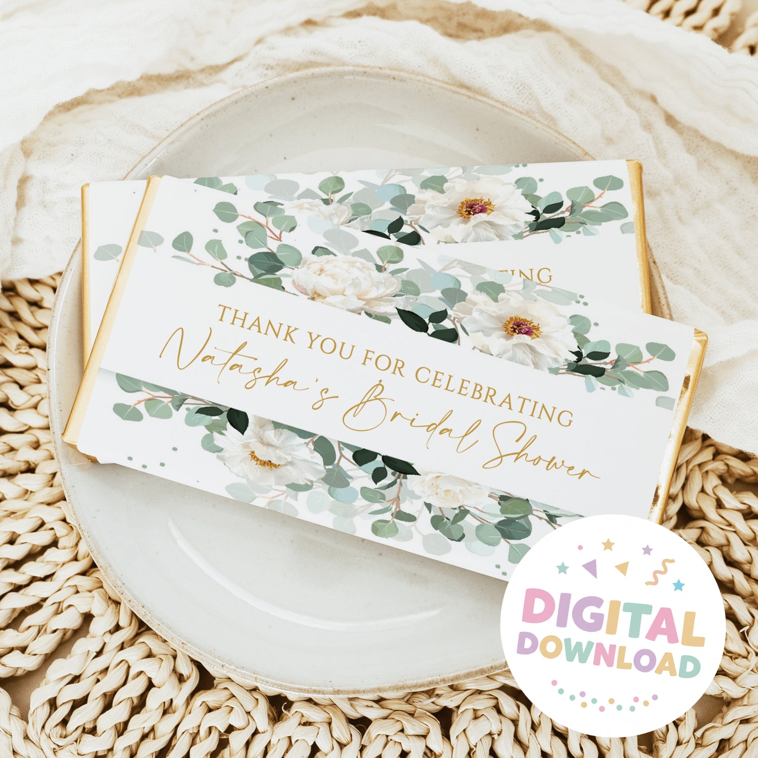 Bridal shower chocolate bar wrapper with eucalyptus leaves and white flowers