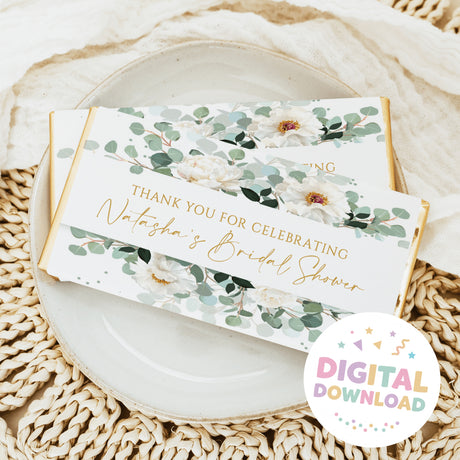Bridal shower chocolate bar wrapper with eucalyptus leaves and white flowers