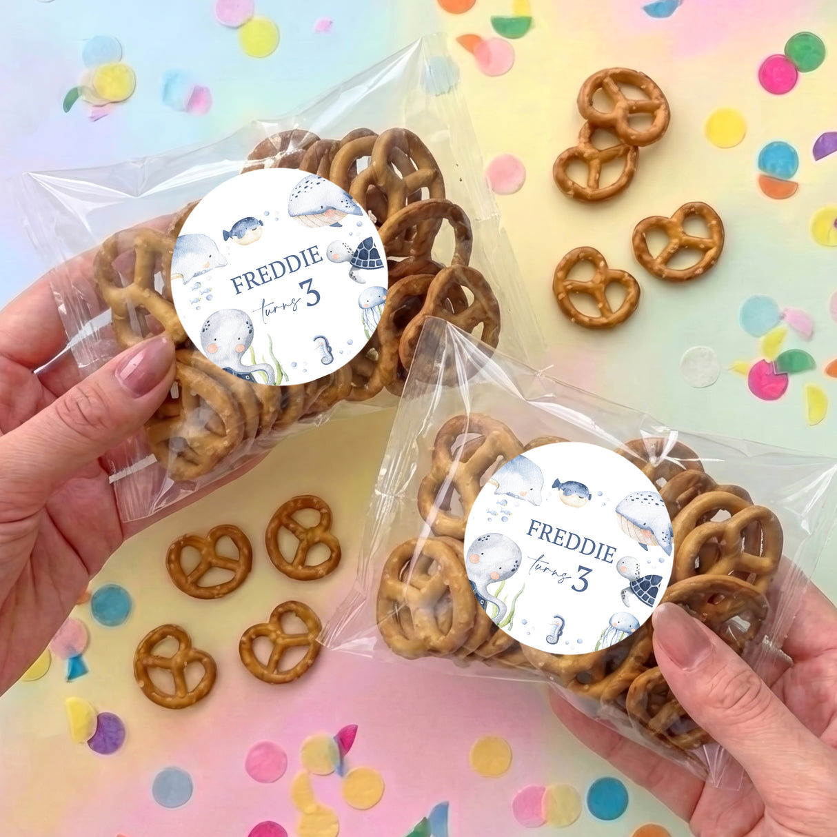 Under the Sea pretzel gift bag with label: Freddie, 3