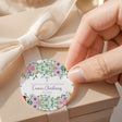 Wildflower round printed christening label with floral border and thank-you message, 30.11.2028