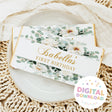 First birthday chocolate bar wrapper: white flowers, green leaves, gold 'Isabella's'