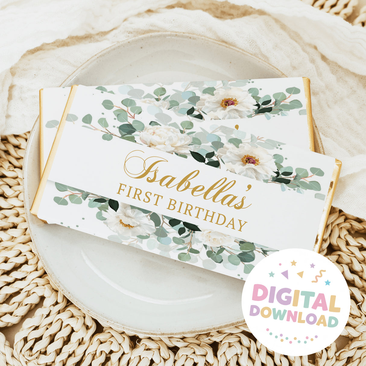 First birthday chocolate bar wrapper: white flowers, green leaves, gold 'Isabella's'