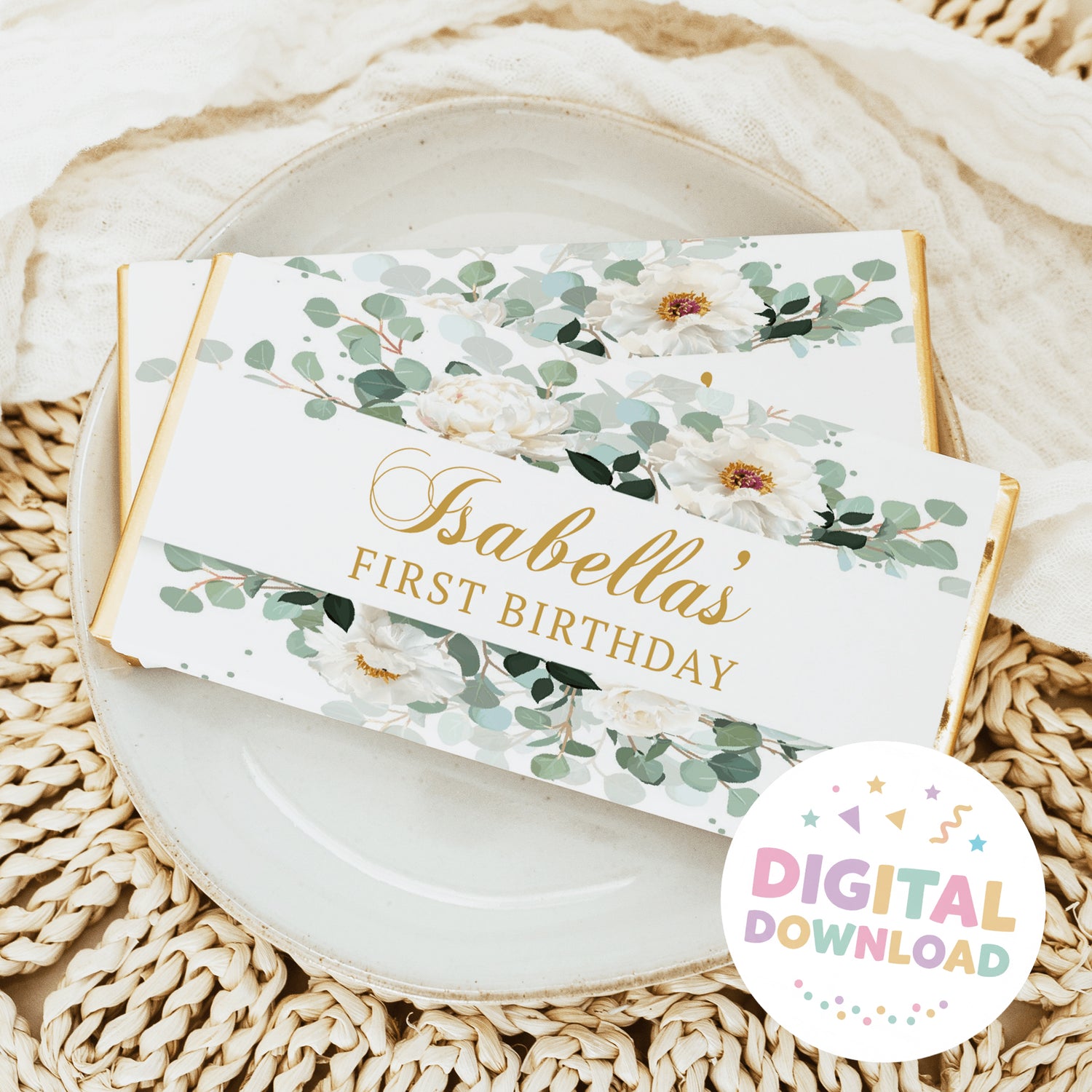 First birthday chocolate bar wrapper: white flowers, green leaves, gold 'Isabella's'