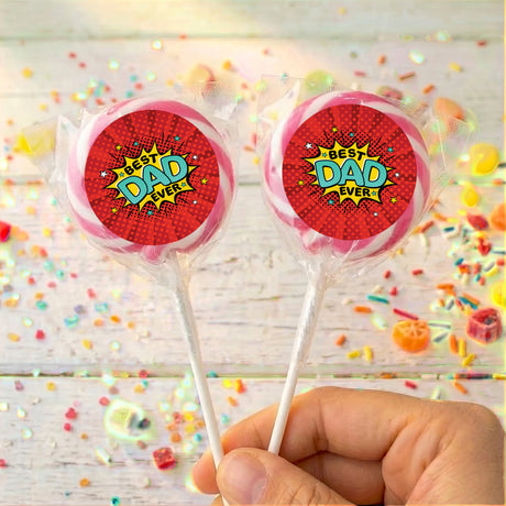 Personalised lollipops with red 'Best Dad Ever' labels and clear wrappers on sticks