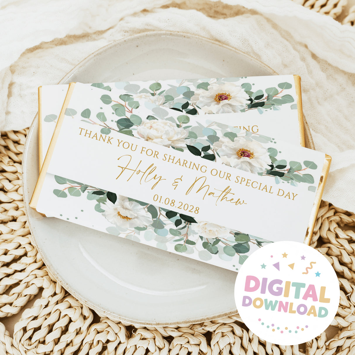 Wrapped wedding chocolate bar with white floral greenery design and Thank You message