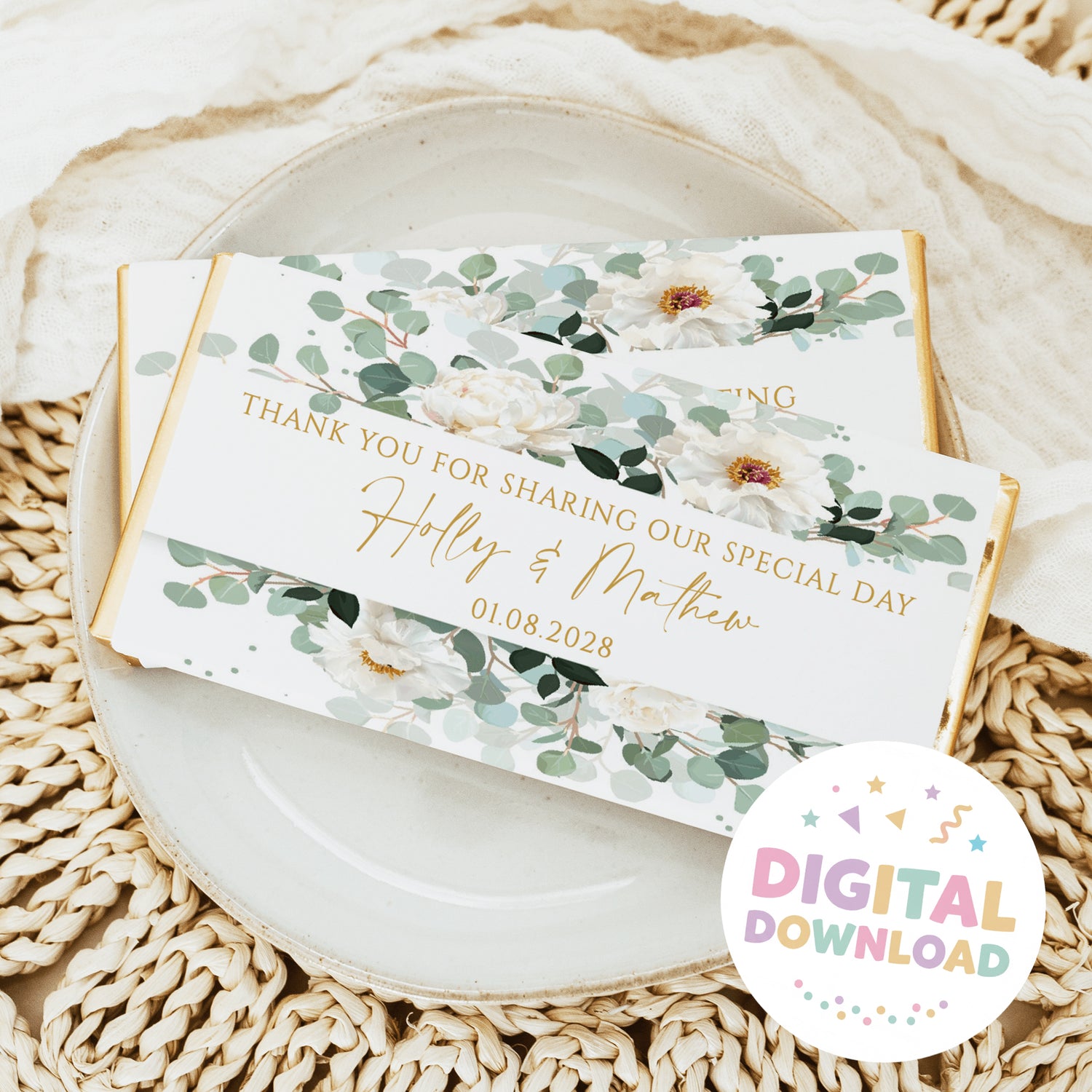 Wrapped wedding chocolate bar with white floral greenery design and Thank You message
