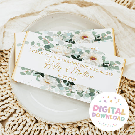 Wrapped wedding chocolate bar with white floral greenery design and Thank You message