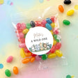 Personalised jelly bean bag with multicolored beans and a white custom label