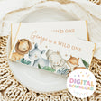 First birthday chocolate bar wrapper with watercolor wild animals and “Wild One” text