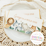 First birthday chocolate bar wrapper with watercolor wild animals and “Wild One” text