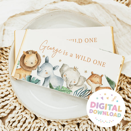First birthday chocolate bar wrapper with watercolor wild animals and “Wild One” text