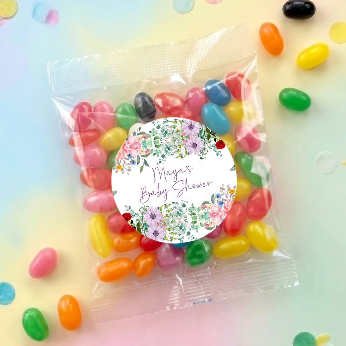 Personalised baby shower jelly bean bag with floral round label, clear candy bag