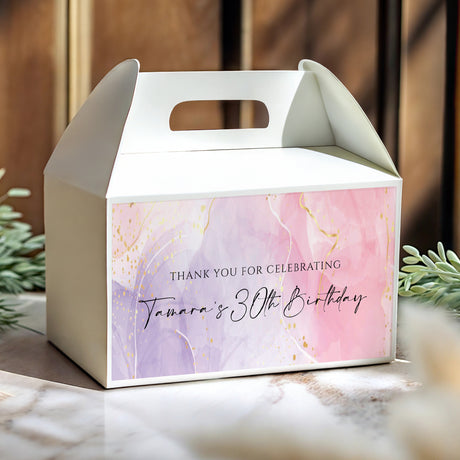 Personalised 30th birthday gable box with pink purple ink, Tamara's 30th Birthday front text