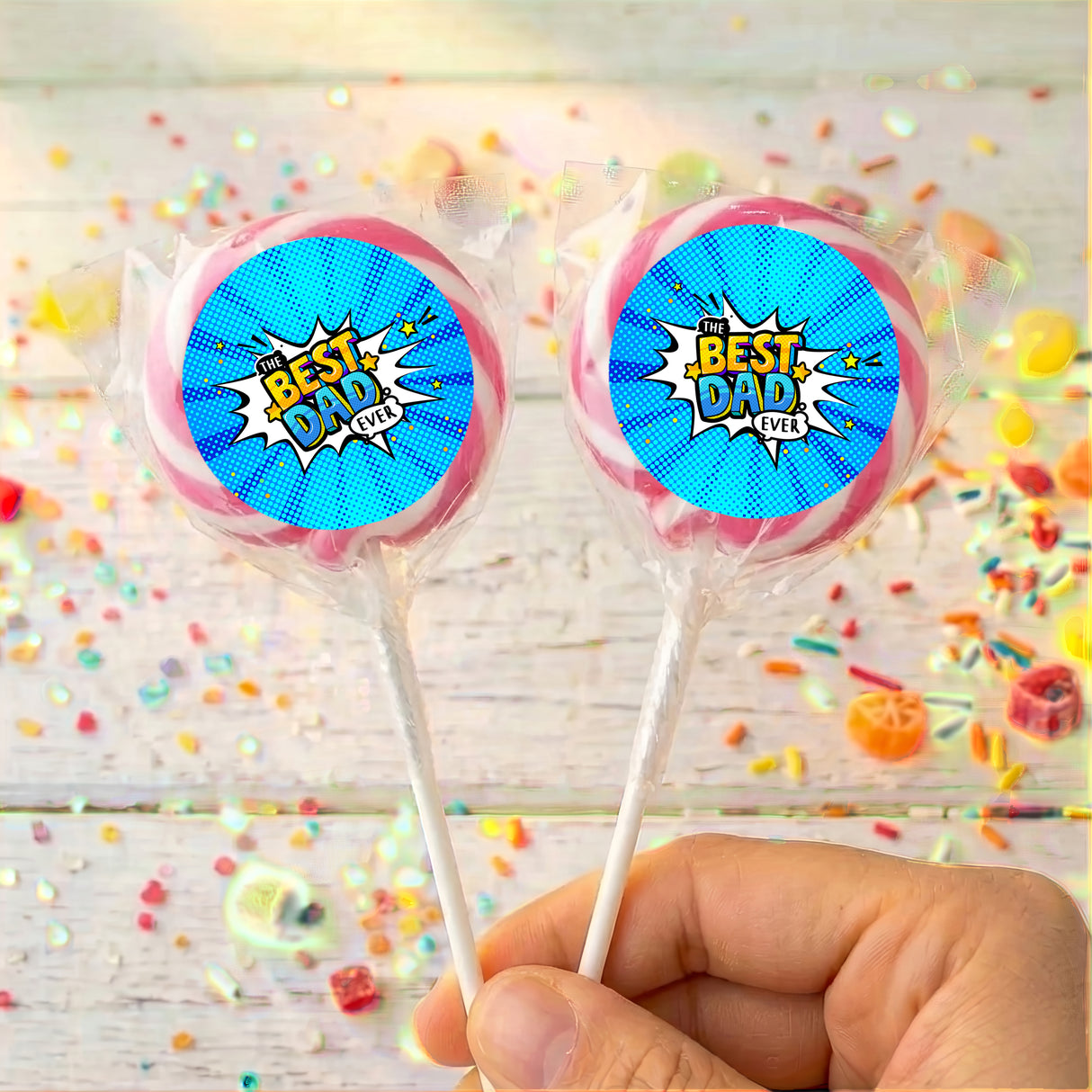 Best Dad Ever Fathers Day Blue Comic Personalised Lollipops