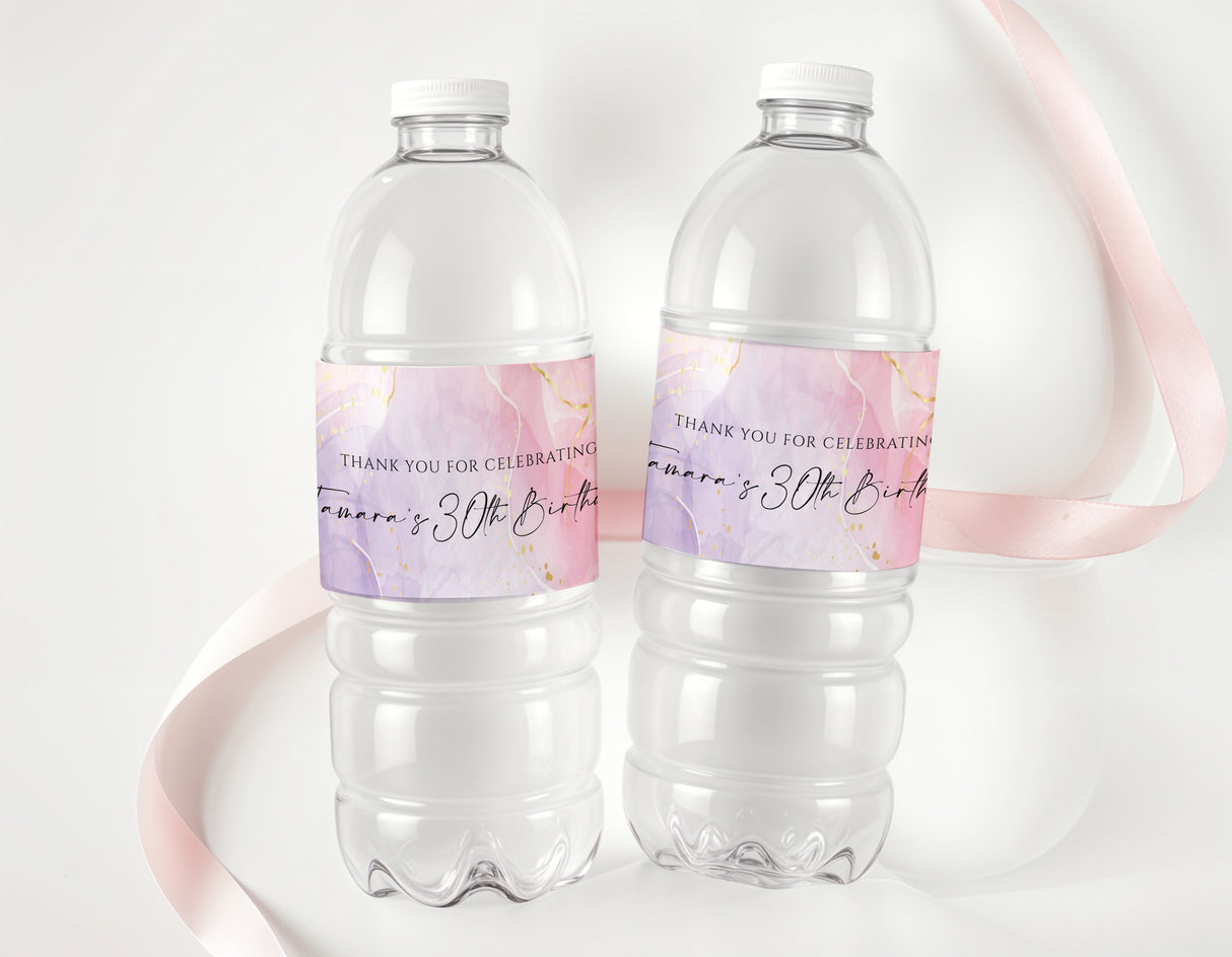 Personalized 30th birthday water bottle labels with purple ink and thank-you text