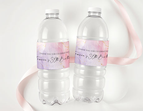Personalized 30th birthday water bottle labels with purple ink and thank-you text