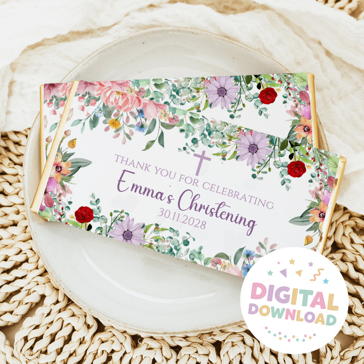 Christening chocolate bar wrapper with floral border, Thank you Emma, 30.11.2028