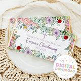 Christening chocolate bar wrapper with floral border, Thank you Emma, 30.11.2028