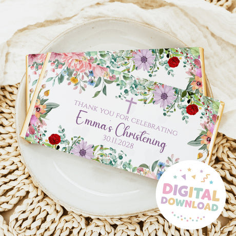 Christening chocolate bar wrapper with floral border, Thank you Emma, 30.11.2028