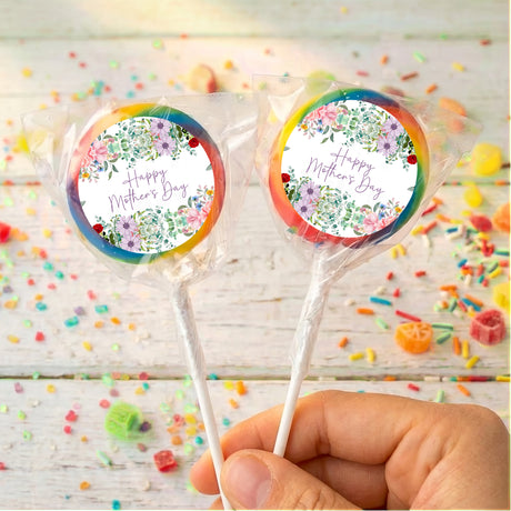 Mother’s Day personalised lollipops with floral wreath “Happy Mother’s Day” on multicolor wrappers