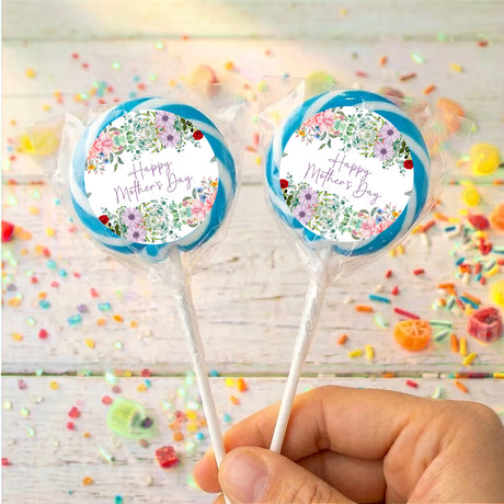Mother’s Day personalised lollipops with floral wreath “Happy Mother’s Day” on blue wrappers