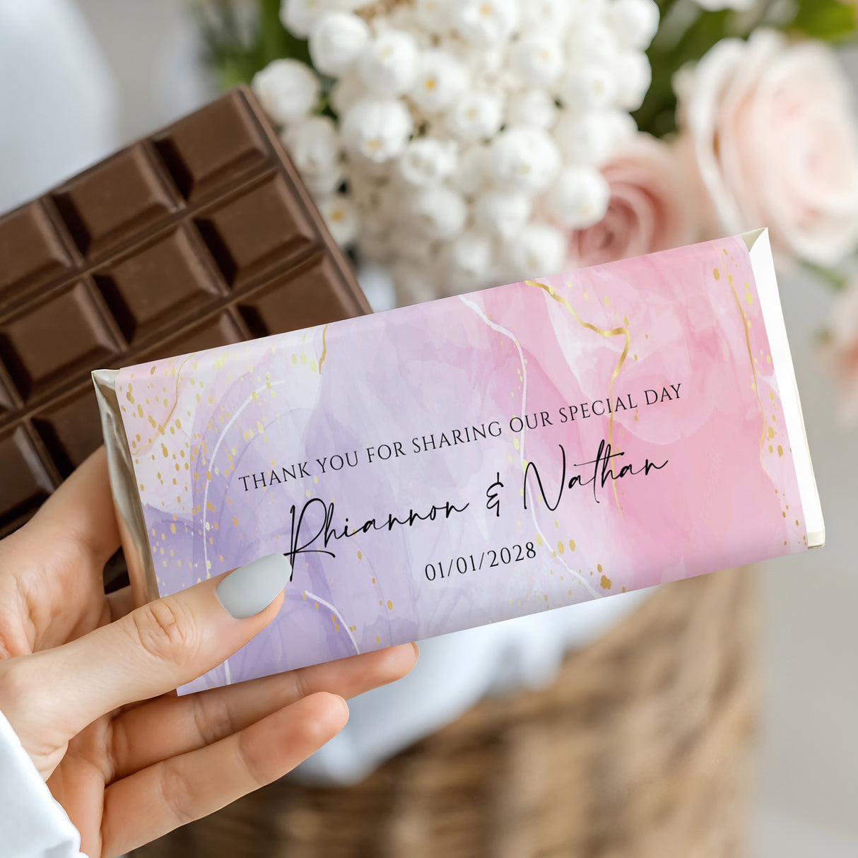 Wedding chocolate bar wrapper with pink marble design and gold speckles, thank-you text