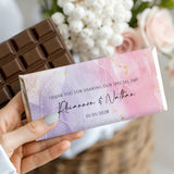Wedding chocolate bar wrapper with pink marble design and gold speckles, thank-you text