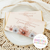 Printable chocolate bar wrapper with watercolour floral design and custom names in script