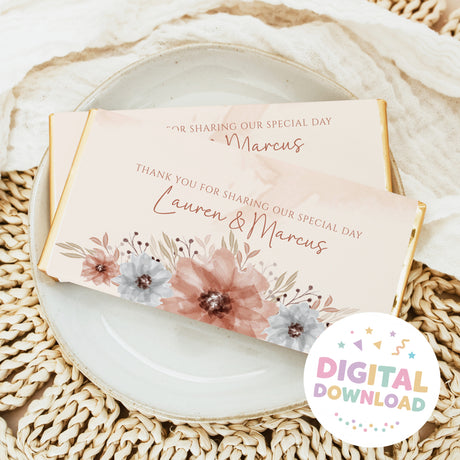 Printable chocolate bar wrapper with watercolour floral design and custom names in script