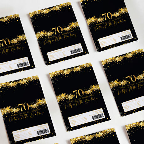 Black and gold 70th birthday chocolate wrappers, star print with '70' and label strip