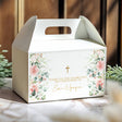 Christening favour box with pink floral panels, gold cross and white lid with handle cutout