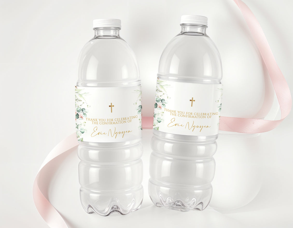 Personalised confirmation water bottle labels with floral design and golden cross