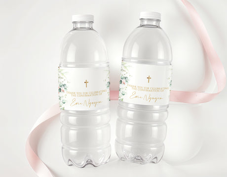 Personalised water bottle labels on clear plastic bottles, floral design with gold cross