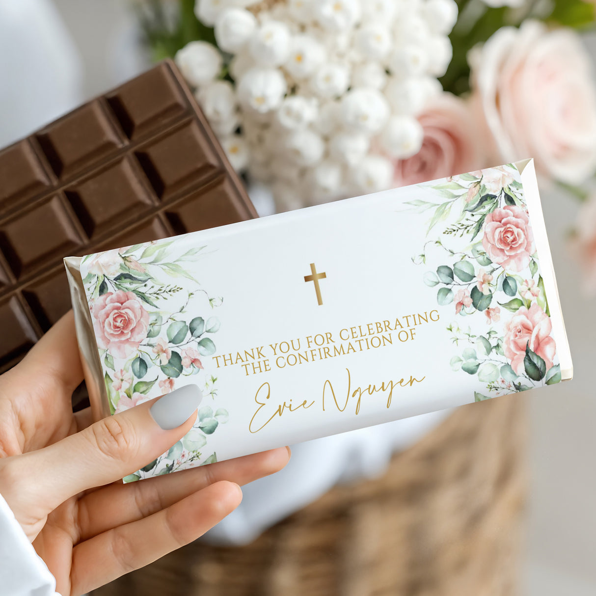 Confirmation chocolate bar wrapper with pink roses, greenery, gold cross, and thank-you text