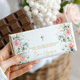 Confirmation chocolate bar wrapper with pink roses, greenery, gold cross, and thank-you text