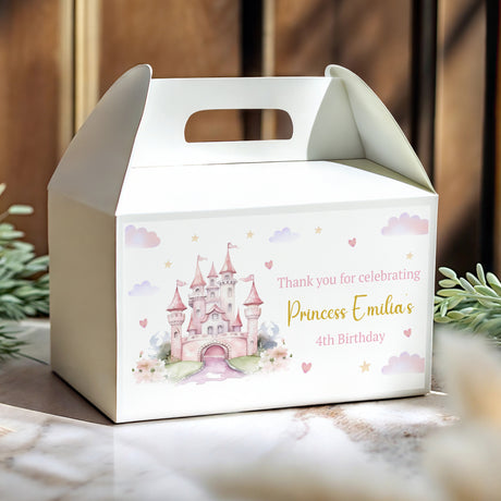 Personalised gable favour box in white with pink castle, hearts, and Thank you text