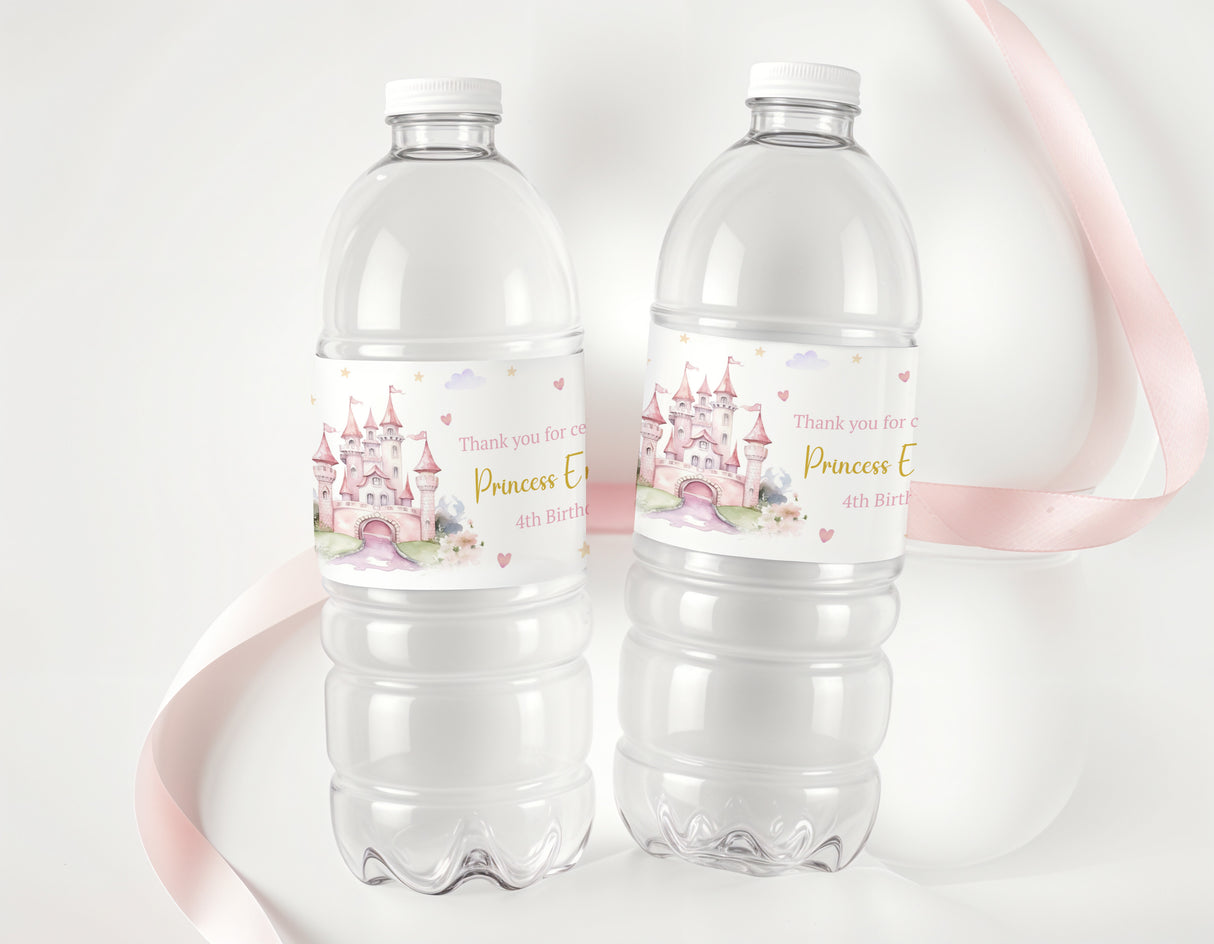 Princess castle birthday personalised water bottle labels on two clear drink bottles