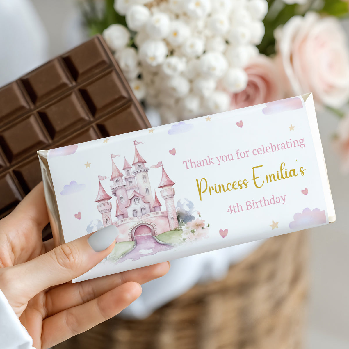 Princess birthday chocolate bar wrapper with pink castle and Princess Emillia label