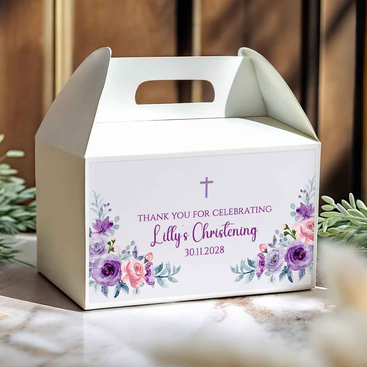 Personalised christening favour gable box, white with purple floral, cross, and text