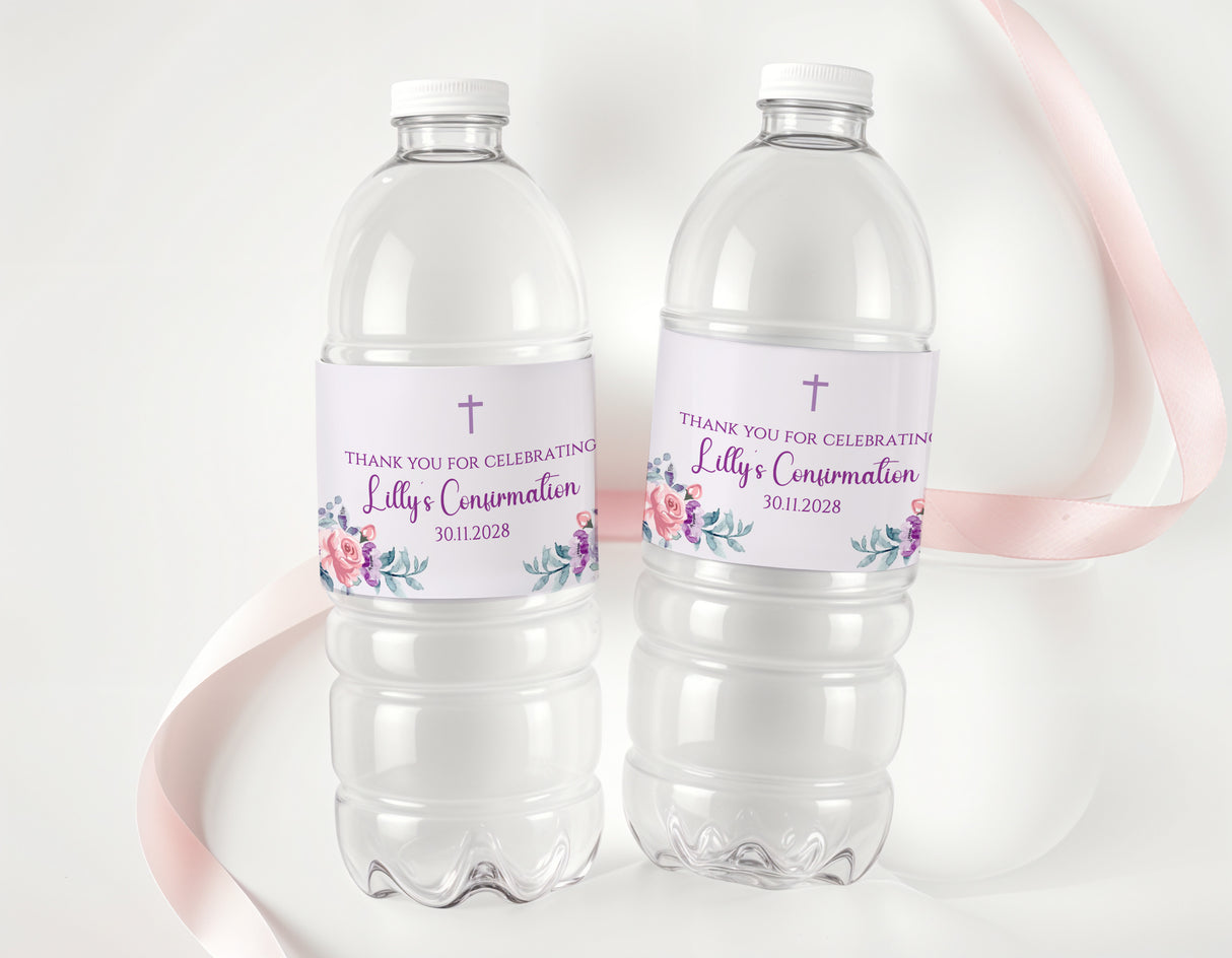 Confirmation water bottle labels with purple floral design and cross, personalized text