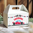White gable favour box with race car design and name THEODORE across front